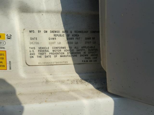 KL1TD66697B698789 - 2007 CHEVROLET AVEO BASE Սպիտակ լուսանկար 10