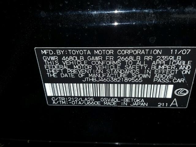 JTHBJ46G382189565 - 2008 LEXUS ES BLACK photo 10