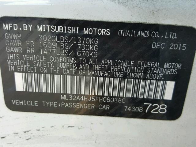 ML32A4HJ5FH060380 - 2015 MITSUBISHI MIRAGE ES WHITE photo 10