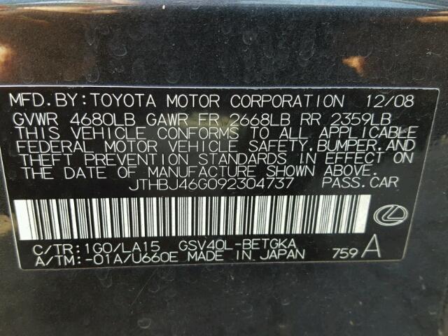 JTHBJ46G092304737 - 2009 LEXUS ES 350 BLACK photo 10