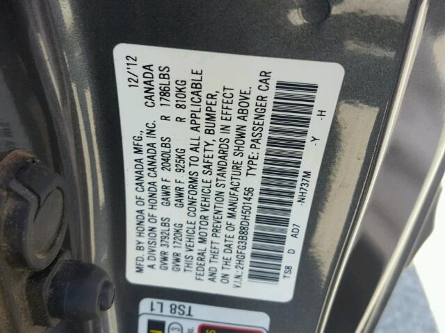 2HGFG3B88DH501456 - 2013 HONDA CIVIC EX ნაცრისფერი ფოტო 10