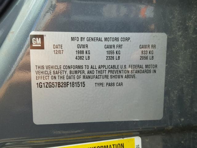 1G1ZG57B28F181515 - 2008 CHEVROLET MALIBU LS ნაცრისფერი ფოტო 10