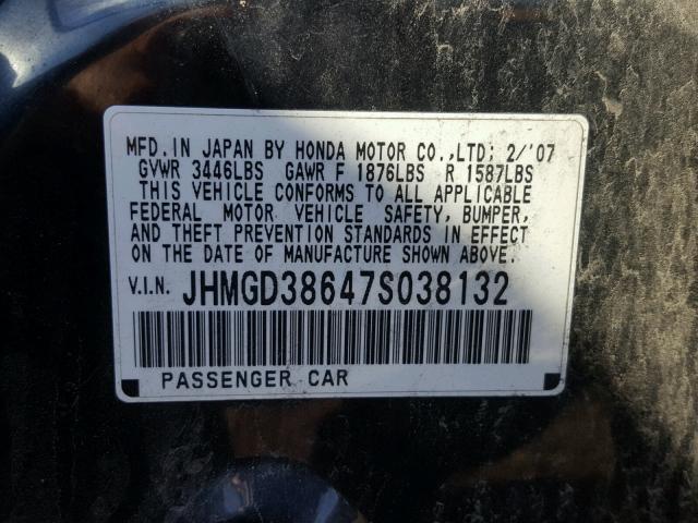 JHMGD38647S038132 - 2007 HONDA FIT S 黑色 照片 10