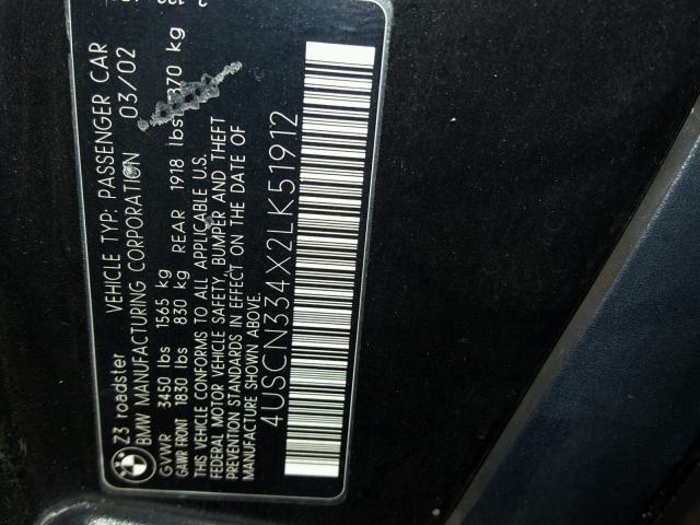 4USCN334X2LK51912 - 2002 BMW Z3 2.5 BLACK photo 10