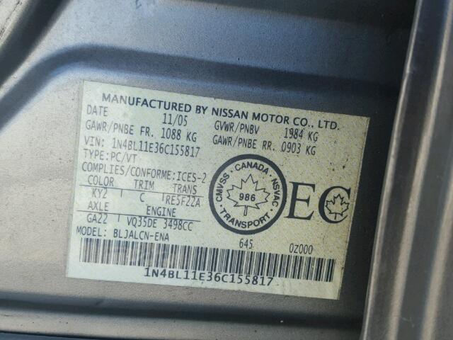 1N4BL11E36C155817 - 2006 NISSAN ALTIMA SE GRAY photo 10