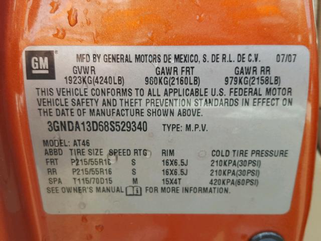 3GNDA13D68S529340 - 2008 CHEVROLET HHR LS ნარინჯისფერი ფოტო 10