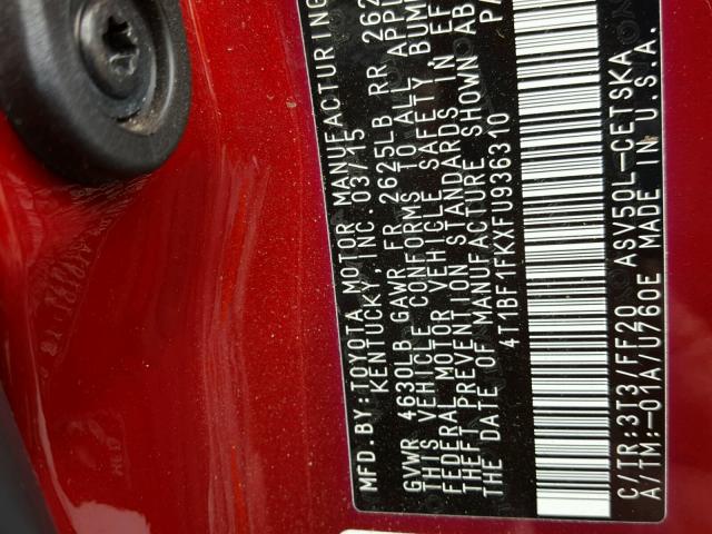 4T1BF1FKXFU936310 - 2015 TOYOTA CAMRY LE RED photo 10