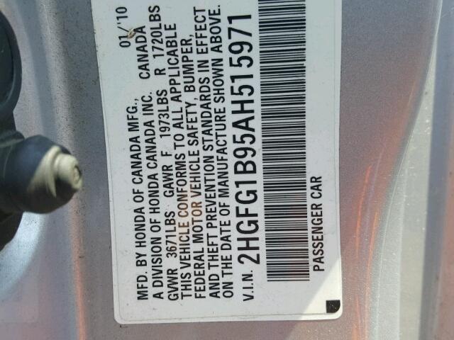 2HGFG1B95AH515971 - 2010 HONDA CIVIC EXL SILVER photo 10