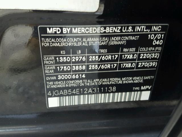 4JGAB54E12A311138 - 2002 MERCEDES-BENZ ML 320 BLACK photo 10