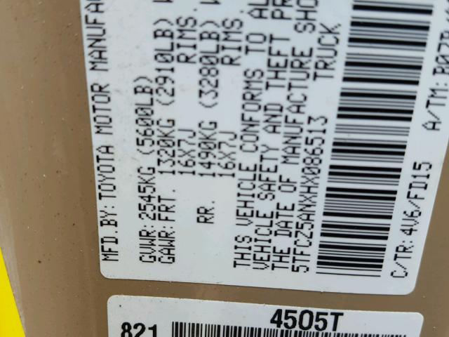 5TFCZ5ANXHX086513 - 2017 TOYOTA TACOMA DOU თაფლისფერი ფოტო 10