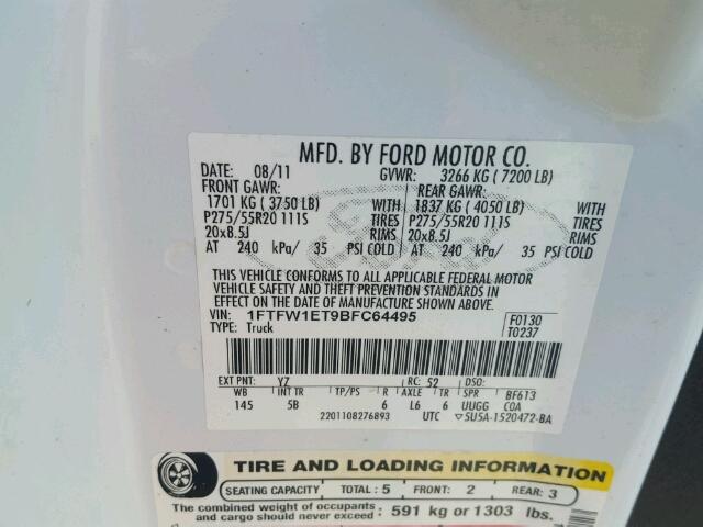 1FTFW1ET9BFC64495 - 2011 FORD F150 WHITE photo 10