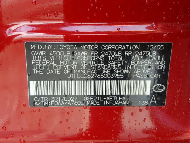 JTHBE262765003955 - 2006 LEXUS IS 350 RED photo 10