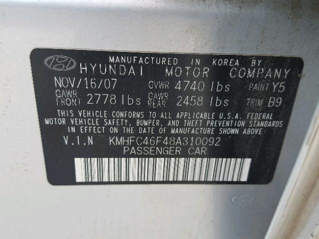 KMHFC46F48A310092 - 2008 HYUNDAI AZERA SE SILVER photo 10