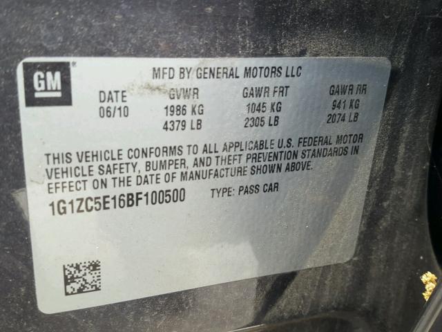 1G1ZC5E16BF100500 - 2011 CHEVROLET MALIBU 1LT CHARCOAL photo 10