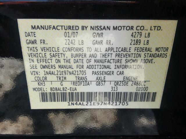 1N4AL21E97N421705 - 2007 NISSAN ALTIMA 2.5 BLACK photo 10