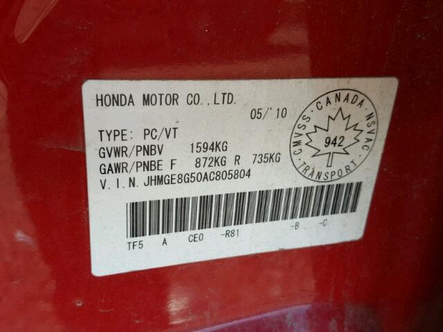 JHMGE8G50AC805804 - 2010 HONDA FIT LX RED photo 10