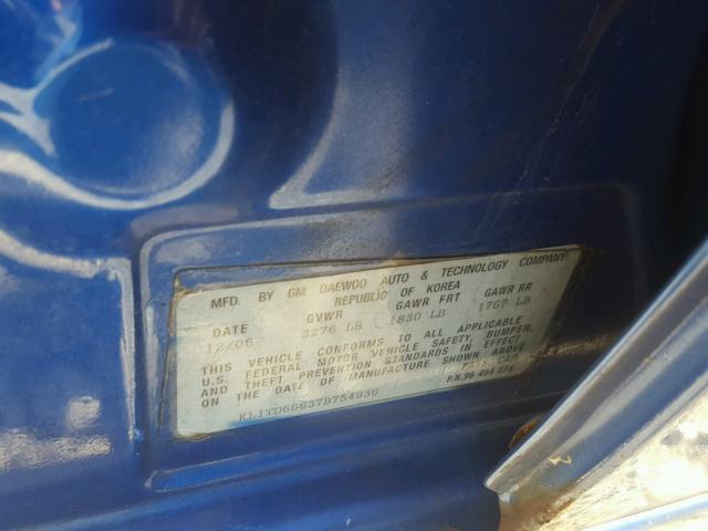 KL1TD66637B754936 - 2007 CHEVROLET AVEO BASE Niebieski zdjęcie 10