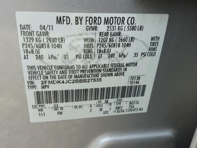 2FMDK4JC2BBB27535 - 2011 FORD EDGE SEL SILVER photo 10