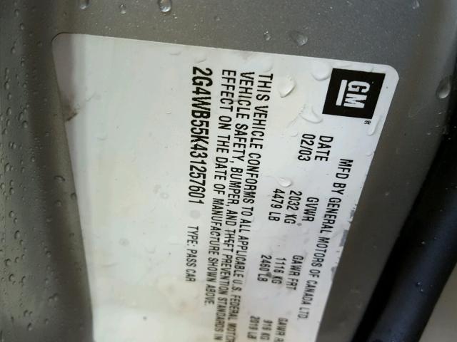 2G4WB55K431257601 - 2003 BUICK REGAL LS SILVER photo 10