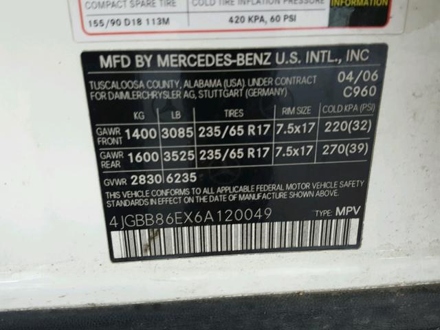 4JGBB86EX6A120049 - 2006 MERCEDES-BENZ ML 350 WHITE photo 10