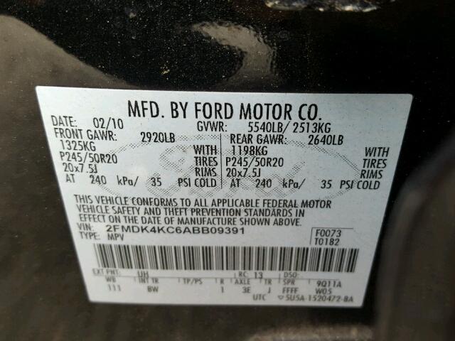 2FMDK4KC6ABB09391 - 2010 FORD EDGE LIMIT BLACK photo 10