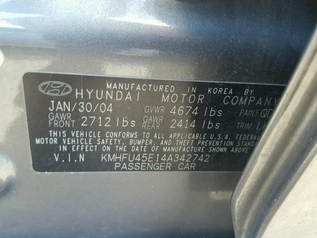 KMHFU45E14A342742 - 2004 HYUNDAI XG 350 GRAY photo 10