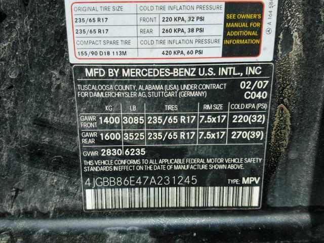 4JGBB86E47A231245 - 2007 MERCEDES-BENZ ML 350 BLACK photo 10