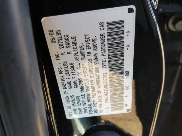 19UUA66216A056382 - 2006 ACURA 3.2TL BLACK photo 10