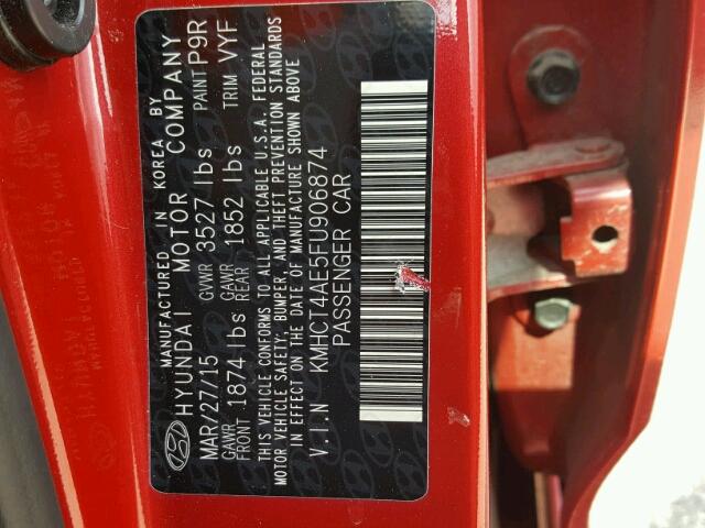 KMHCT4AE5FU906874 - 2015 HYUNDAI ACCENT GLS RED photo 10