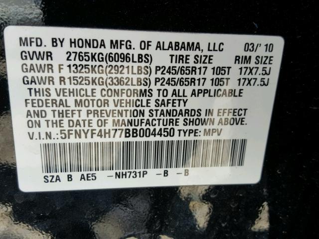 5FNYF4H77BB004450 - 2011 HONDA PILOT EXLN BLACK photo 10