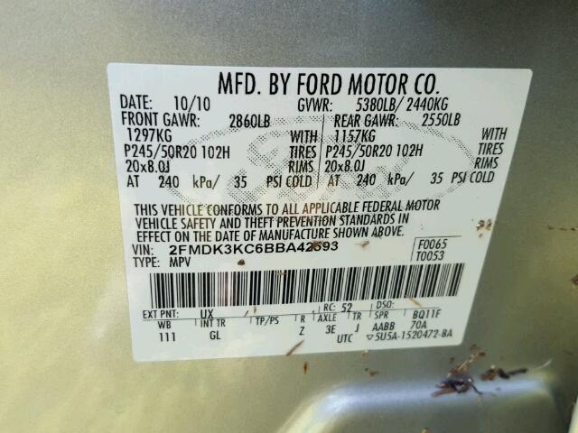 2FMDK3KC6BBA42593 - 2011 FORD EDGE SILVER photo 10