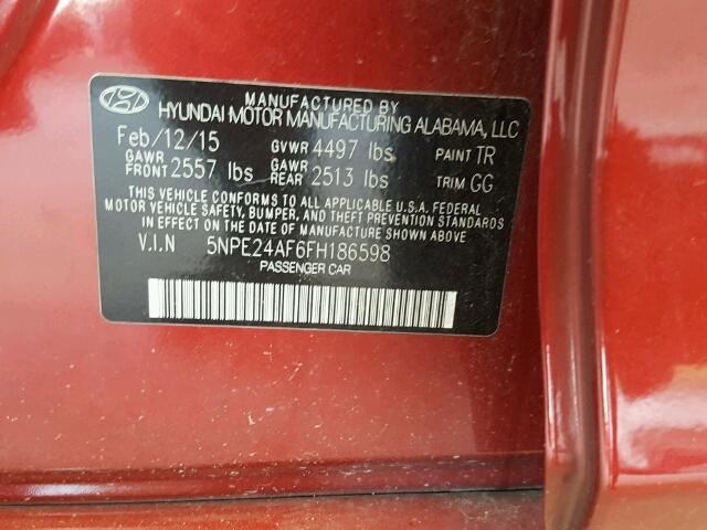 5NPE24AF6FH186598 - 2015 HYUNDAI SONATA RED photo 10