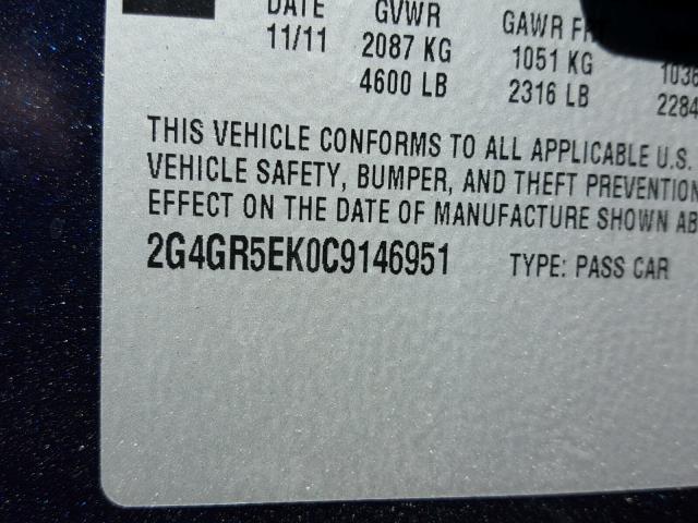 2G4GR5EK0C9146951 - 2012 BUICK REGAL BLUE photo 10