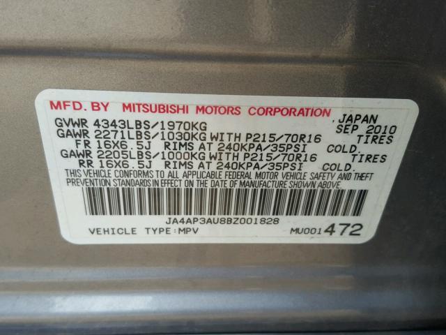 JA4AP3AU8BZ001828 - 2011 MITSUBISHI OUTLANDER GRAY photo 10