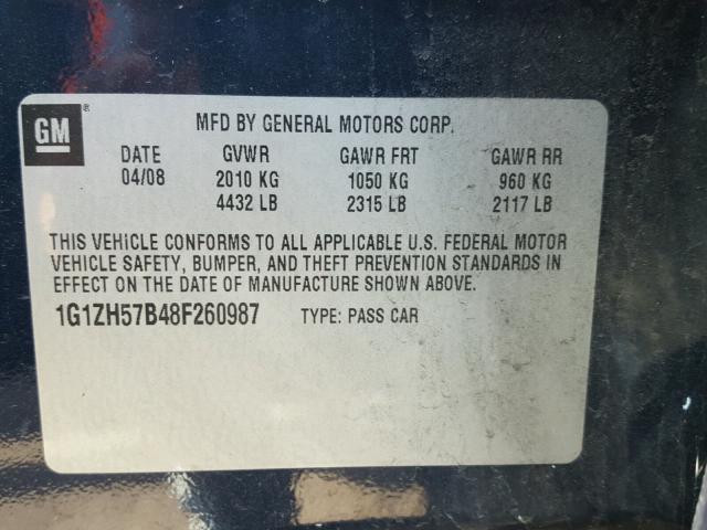 1G1ZH57B48F260987 - 2008 CHEVROLET MALIBU 1LT BLUE photo 10