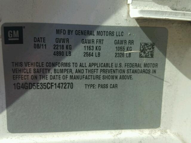 1G4GD5E35CF147270 - 2012 BUICK LACROSSE WHITE photo 10