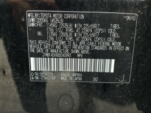 JTMBF4DVXBD040893 - 2011 TOYOTA RAV4 BLACK photo 10