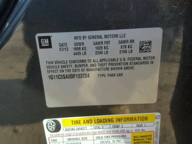 1G11C5SA0DF133724 - 2013 CHEVROLET MALIBU 1LT 石墨色 照片 10