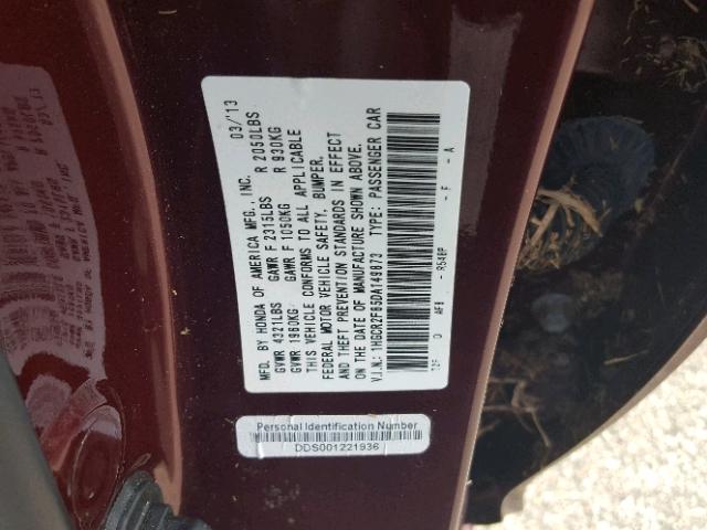 1HGCR2F85DA149873 - 2013 HONDA ACCORD EXL BURGUNDY photo 10