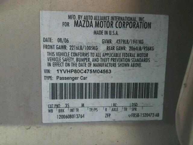 1YVHP80C475M04563 - 2007 MAZDA 6 I Күміс фото 10