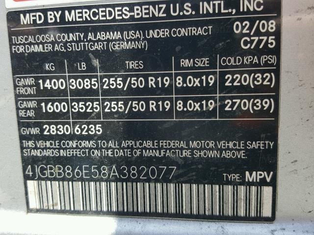 4JGBB86E58A382077 - 2008 MERCEDES-BENZ ML 350 SILVER photo 10