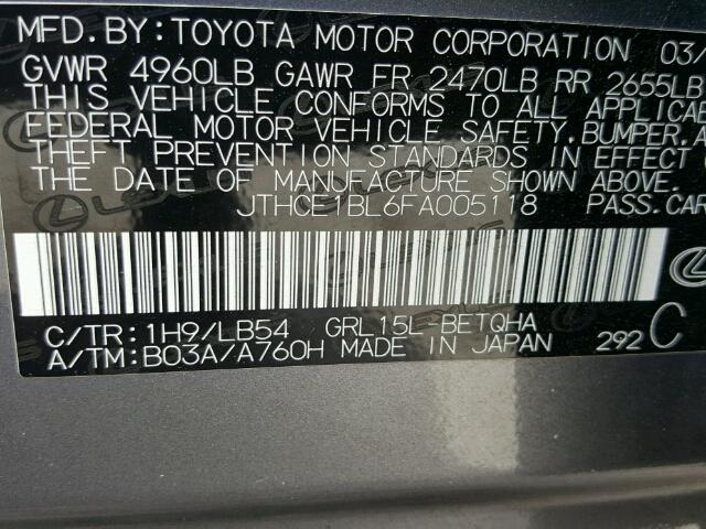 JTHCE1BL6FA005118 - 2015 LEXUS GS GRAY photo 10