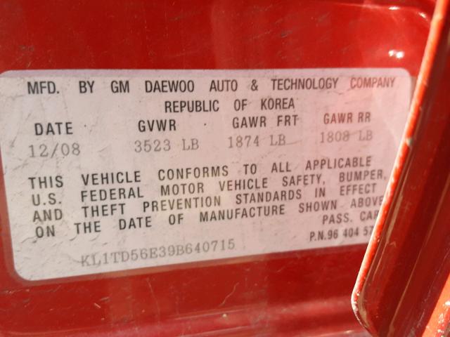 KL1TD56E39B640715 - 2009 CHEVROLET AVEO LS RED photo 10