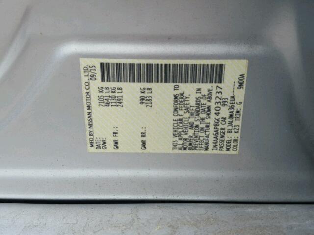 1N4AA6AP8GC403237 - 2016 NISSAN MAXIMA 3.5 SILVER photo 10