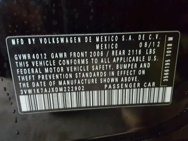 3VW1K7AJXDM222902 - 2013 VOLKSWAGEN JETTA BASE 黑色 照片 10