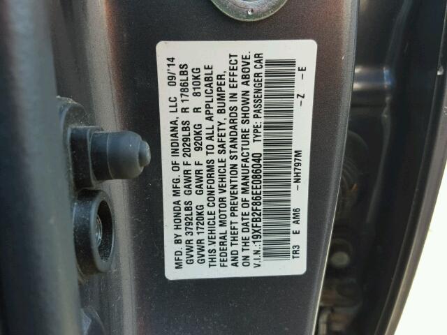 19XFB2F86EE086040 - 2014 HONDA CIVIC EX CHARCOAL photo 10