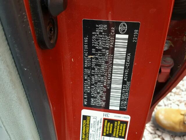 4T1BE46K09U376502 - 2009 TOYOTA CAMRY BASE RED photo 10