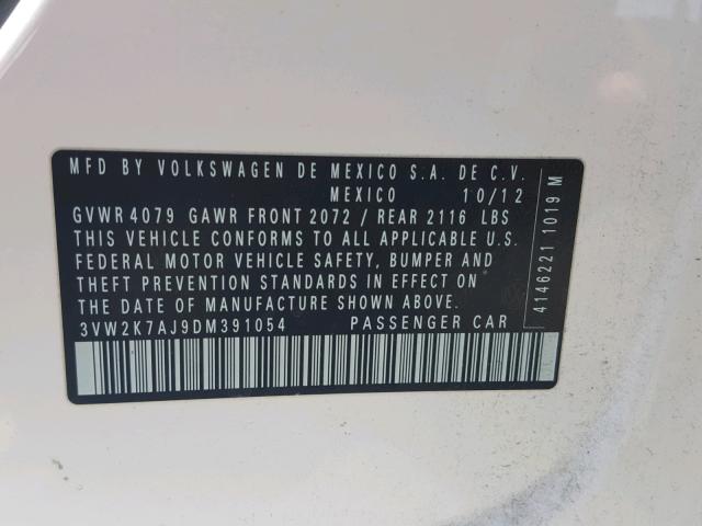 3VW2K7AJ9DM391054 - 2013 VOLKSWAGEN JETTA BASE 白色 照片 10