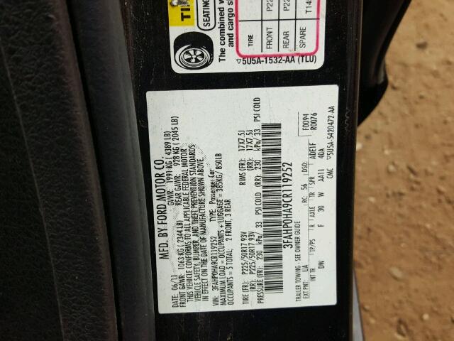 3FAHP0HA9CR119252 - 2012 FORD FUSION BLACK photo 10