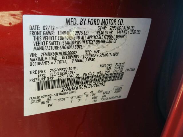 2FMHK6DC9CBD20002 - 2012 FORD FLEX LIMIT RED photo 10